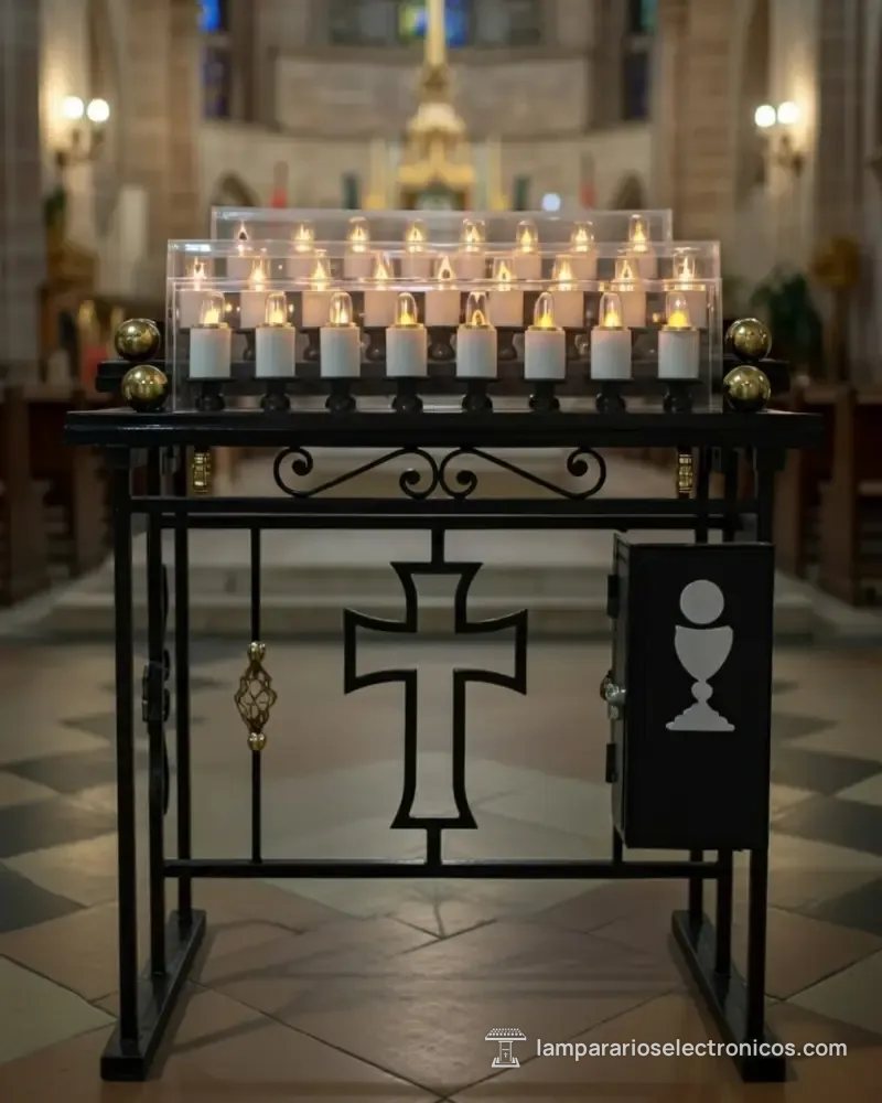 Lamparario electrónico en hierro forjado con tres líneas de velas, cruz y alcancía, en una iglesia