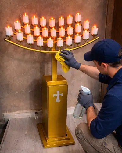 Técnico haciendo mantenimiento y limpieza a un lamparario electrónico dorado