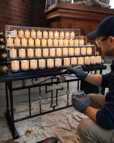 Técnico reparando y retocando un lamparario electrónico de hierro forjado en la iglesia